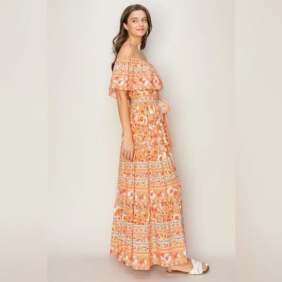 Off the Shoulder Floral Orange Maxi Dress NWT - Picture 4 of 10